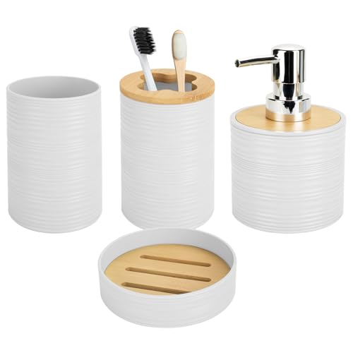 4 PCS White Bathroom Accessories Set, Includes a Soap Dispenser, Toothbrush Holder, Soap Dish and Mouthwash Cup, Plastics & Bamboo Bathroom Set, Bohemian Style Bathroom Sink Set - color: White, size: 4 PCS