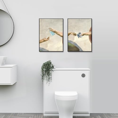 Laylwhq Bathroom Wall Art Retro Funny Hand Of God and Adam, 16 * 24in | 2 Pcs, Unframed, Humor Handwashing Fluid Toilet Paper Paintings - color: bathroom, size: 16"Wx24"Hx2