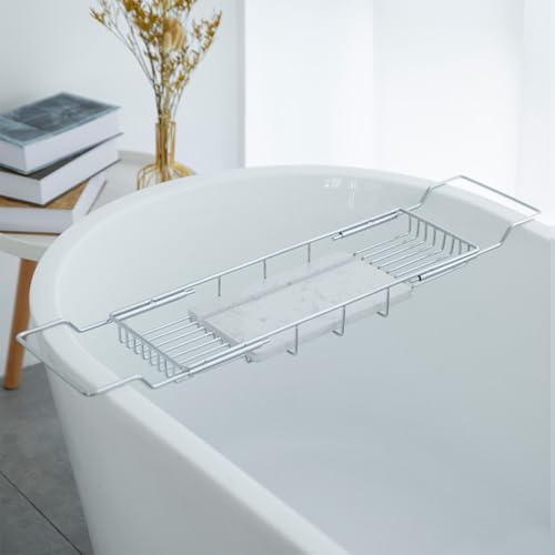 Expandable Bathtub Tray, 26.7-35.4 Inches Stainless Steel Bath Caddy Tray with Marble Base Adjustable Luxury Bath Trays for Tub Scented Candle Wine Glass Books (Silver+White) - color: Silver+white