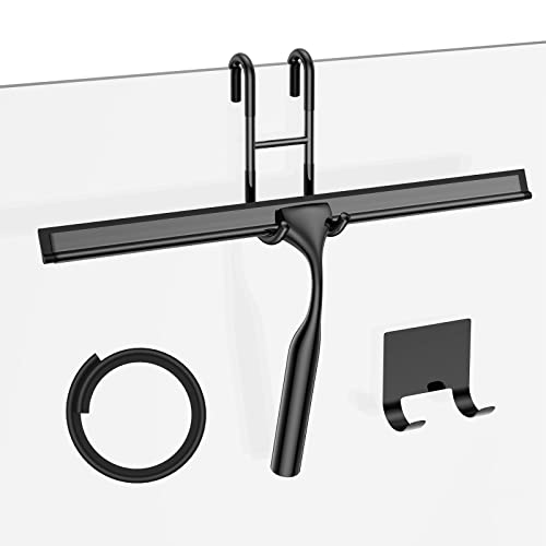 Black 14-Inches Stainless Steel Shower Squeegee Set, Include Shower Door Hook, Adhesive Hook and Spare Silicone Blade, Window Squeegee for Shower Glass Door, Bathroom, Mirror, Window and Car Glass - color: Black, size: 14-inch