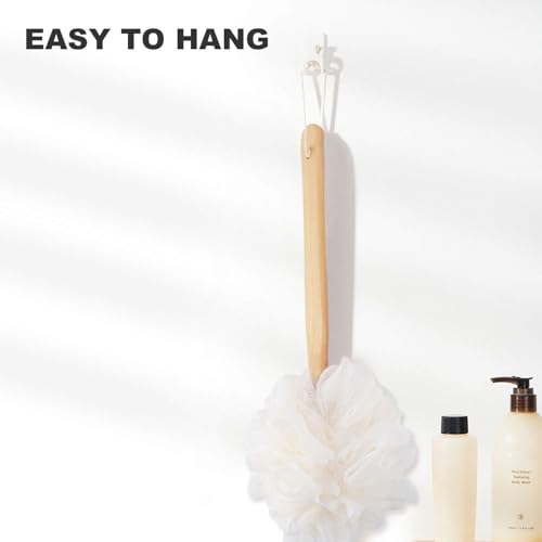 White Loofah with Handle - Back Scrubber for Shower, Exfoliating Body Sponge with Soft PE Mesh and Wood Stick, Clean Look Bath Accessory for Men and Women - color: White