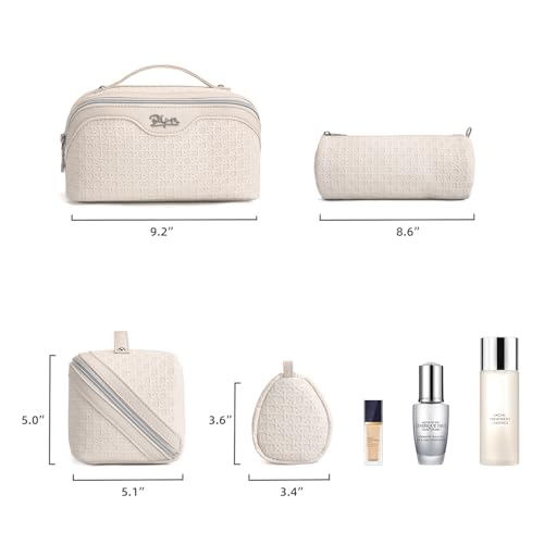 BOYATU Travel Makeup Bag Cosmetic Bags for Women: Large Capacity 3 Pcs Set Make up Bag with Compartments - Waterproof Vegan Leather Toiletry Organizer Bags with Handle (M-72Off-white) - color: M-72Off-white