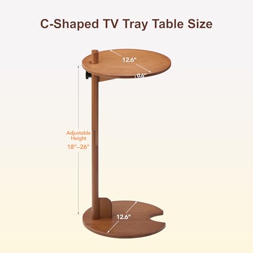 Bamboo C Shaped Side End Table 18–26" Height Adjustable for Sofa | Round Slide Under Couch TV & Snack Tray, Mid Century Modern Laptop Desk for Small Spaces Living Room Bedroom Bedside - color: Walnut