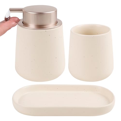 BosilunLife Ceramic Bathroom Accessories Set 3 Pcs, Liquid Soap Dispenser and Toothbrush Holder with Tray, Modern Farmhouse Vanity Decor, Apricot Housewarming Gift - color: Apricot, style: liquid