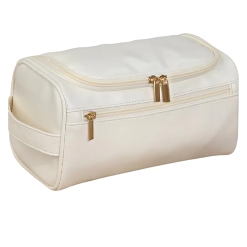 Travel Toiletry Bag – Soft Vegan Leather, Waterproof Hanging Design with Hook, – Cream White with Gold Accents, Full Size