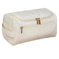 Travel Toiletry Bag – Soft Vegan Leather, Waterproof Hanging Design with Hook, – Cream White with Gold Accents, Full Size