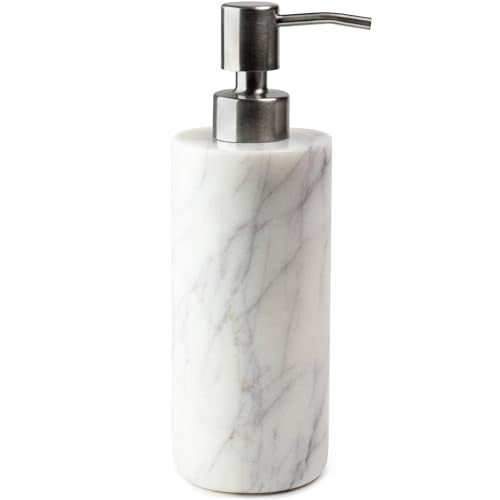 Cork & Mill Marble Soap Dispenser for Bathroom Countertop or Kitchen Sink, Real Natural White Stone with Stainless Steel Pump Top, Ideal for Lotion, Liquid Dish or Hand Soap, Modern Bath Accessories