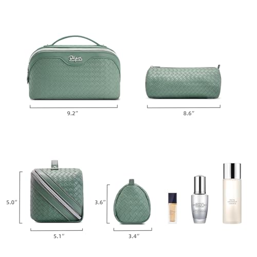BOYATU Travel Makeup Bag Cosmetic Bags for Women: Large Capacity 3 Pcs Set Make up Bag with Compartments - Waterproof Vegan Leather Toiletry Organizer Bags with Handle (L10 Grass Green) - color: L10 Grass Green