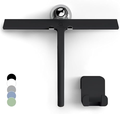 GÜTEWERK Silicone Shower Squeegee for Glass Doors & Mirrors with Stainless Steel Core, Streak-Free & No-Squeak Window Cleaning, 3-in-1 No-Drill Mount (Hook/Suction/Adhesive),Black, 11 Inches - color: Black, size: 11 Inches