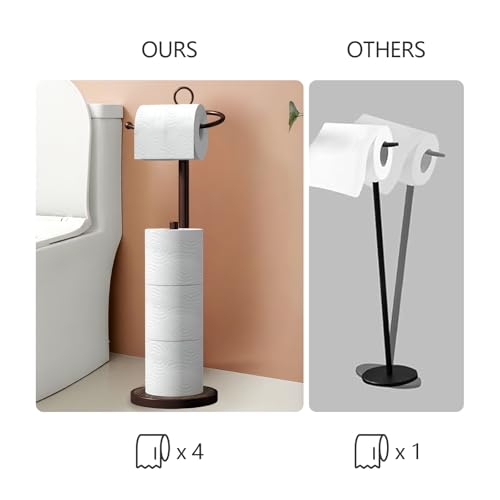 Toilet Paper Holder Free Standing with Storage 4 Rolls Stainless Steel Toilet Paper Holder Stand with Weighted Wood Grain Base Space-Saving Tissue Roll Holders for Bathroom Black & Bronze (Bronze)