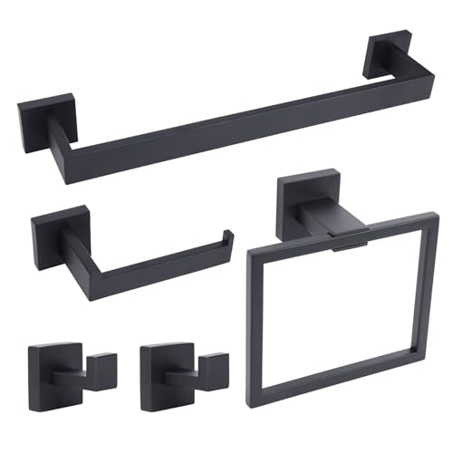 Stainless Steel Matte Black Bathroom Hardware Accessories - 5 Piece Set with 16 inch Square Towel Bar, Towel Rack & Holder - color: Matte Black
