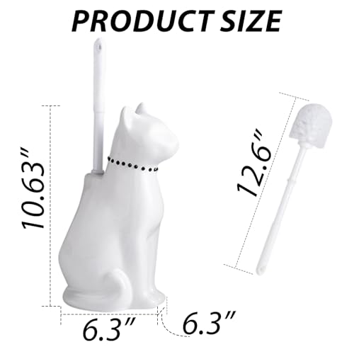 Comeon Ceramic Cat White/Black Toilet Brush and Holder Set, Plastic Handled Scrub Brush for Bathroom Cleaning,10.63"*6.3" (White) - color: White, size: Cat
