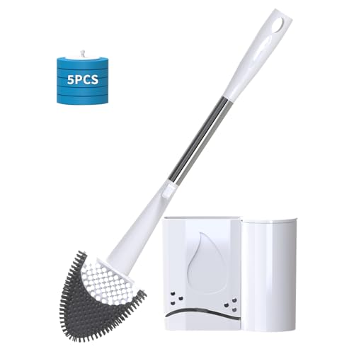 Hillyfe Toilet Brush and Holder Set,Silicone Removable Cleaner Brush,5 PCS Toilet Bowl Cleaner Tablets and Wall-Mount Hook,Ventilation Slots Base for Bathroom Apartment RV Deep Cleaning,White
