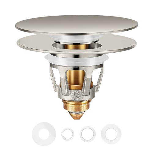Universal Bathroom Sink Stopper in Brass, 1.04-1.97 Inch Pop Up Basin Sink Drain Stopper, Sink Drain Strainer with Anti Clogging Filter Hair Catcher, Large Lid Brushed Nickel - color: Brushed Nickel 1.04-1.97" Large Lid Single Piece