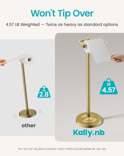 Freestanding Toilet Paper Holder Stand, 4.57 LB Weighted Base Toilet Paper Stand with Pivoting Arm, 304 Stainless Steel Floor Toilet Roll Holder No Drilling, 25.6 Inch, Gold - color: Gold