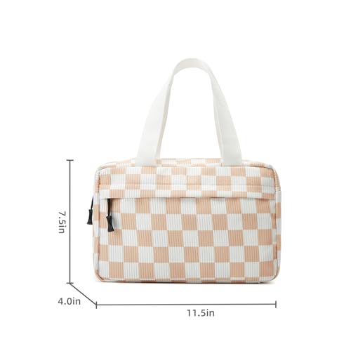Large Makeup Bag for Women Corduroy Cosmetic bag Make up Bags Zipper Pouch with handle Cosmetic Organizer Toiletry Bag for Travel Storage - color: 21-Checkered Orange White