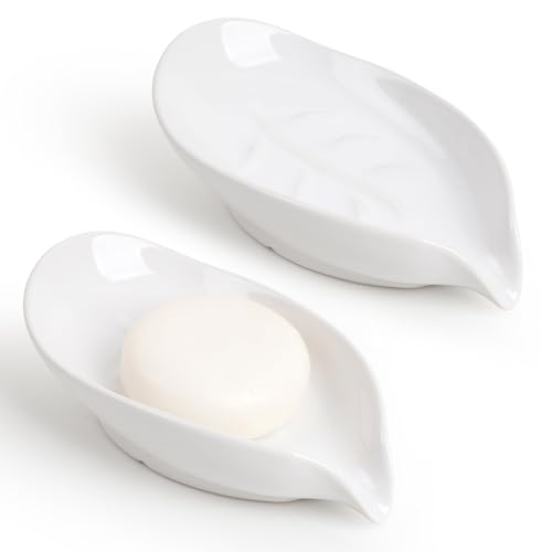 Soap Dish 2PCS, Self-Draining Bar Soap Holder, Leaf Shape Ceramic Drain Soap Dishes for Bathroom Kitchen, Easy to Clean Keeps Soap Dry, White, ANTIS'S HOME - color: White-2pcs-enhanced Draining