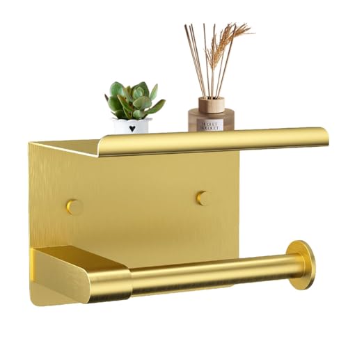 Self Adhesive Toilet Paper Holder with Phone Shelf Stainless Steel Wall Mounted Toilet Paper Roll Holder - Rustproof and Bathroom Washroom Tissue Roll Holder with Storage Shelf-Gold - color: Gold