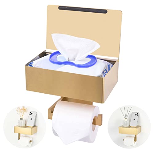 Adhesive Toilet Paper Holder with Shelf and Storage, Wall Mount Toilet Paper Roll Holder & Flushable Wipes Dispenser Set Fits Any Bathroom, Stainless Steel Tissue Holder-Square, Gold - color: Gold Square
