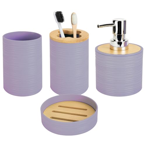 4 PCS Lavender Bathroom Accessories Set, Includes a Soap Dispenser, Toothbrush Holder, Soap Dish and Mouthwash Cup, Plastics & Bamboo Bathroom Set, Bohemian Style Bathroom Sink Set - color: Lavender Purple, size: 4 PCS