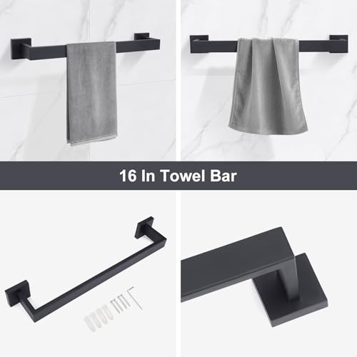 Stainless Steel Matte Black Bathroom Hardware Accessories - 5 Piece Set with 16 inch Square Towel Bar, Towel Rack & Holder - color: Matte Black