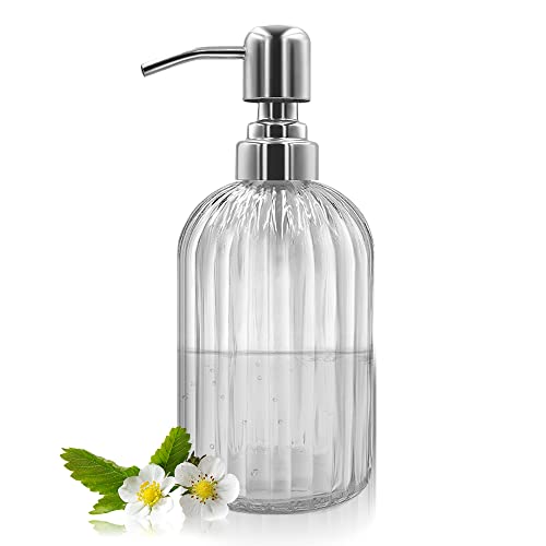 14 Oz Glass Soap Dispenser with 304 Rust Proof Stainless Steel Pump, Refillable Hand Liquid Soap Dispenser for Bathroom, Kitchen, Countertop, Laundry Room (White) - color: Clear