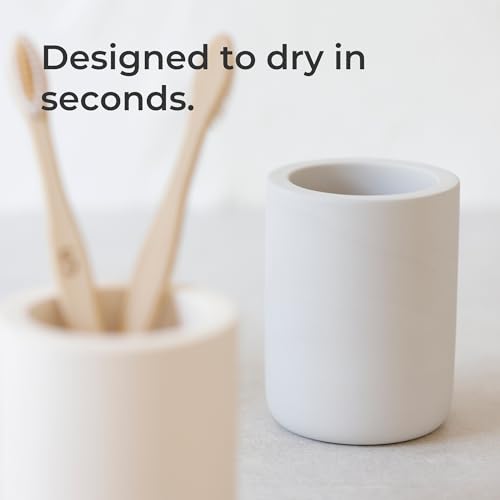 Selegna Diatomite Drying Stone Toothbrush Holder, Modern Ceramic-Look Countertop Cup with Drainage for Bathroom, Quick Drying Electric Toothbrush & Toothpaste Organizer, Stoneware Finish - color: Beige