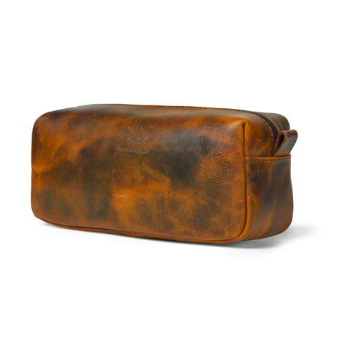 Full Grain Leather Toiletry Bag for Men – Handmade Travel Kit, Small Leather Shaving & Toiletry Organizer, Durable Waxed Canvas Lining (Tan)