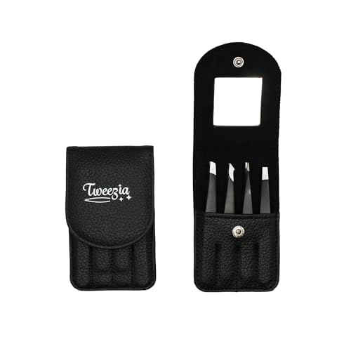 TWEEZIA Stainless Steel Precision Tweezers Set with Mirror Case, 4 Piece | Eyebrow tweezers, slant and pointed tips, use for facial hair, splinters, ingrown hairs, crafting, wigs, beauty kits