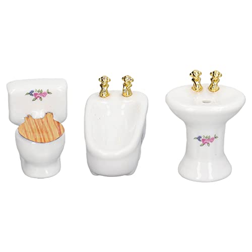 1:24 Dollhouse Miniature Bathroom Set, Ceramic Simulation Bathtub Toilet Sink, Miniature Furniture, Mini Ceramic Bathroom Furniture Set for Dollhouse Restroom Decoration (Flower Pattern)