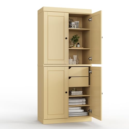 Palace Imports Solid Wood Tall Bathroom Pantry Cabinet with 4 Wooden Doors & Adjustable Shelves, Yellow - 100% Eco-Friendly, Renewable, Space-Saving Storage, 71.5" H x 32" W, Made in Brazil - color: Yellow