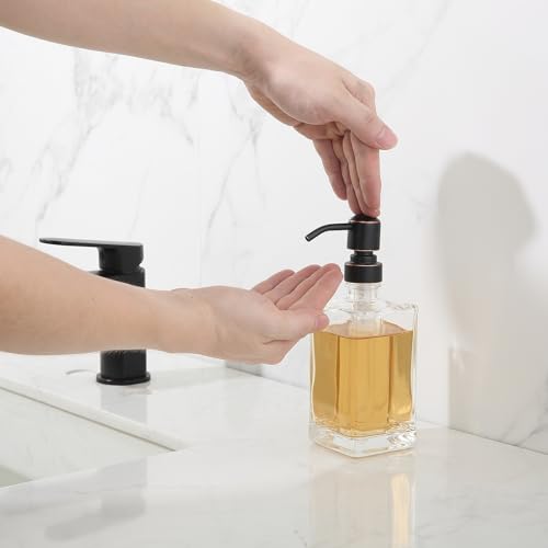 13.5 Oz Clear Glass Soap Dispenser with Rust Proof Stainless Steel Pump, Antique Design Refillable Square Lotion Dispenser for Bathroom, Premium Kitchen Hand Soap (Oil Rubbed Bronze) - color: Oil Rubbed Bronze