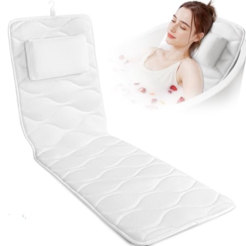 TranquilRelax Bath Pillow for Tub with Laundry Bag & 17 Non-Slip Suction Cups, Extra Thick and Soft Bathtub Pillow for Head, Neck & Shoulder Support, 56" x 16" White - color: White