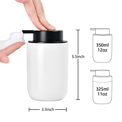 BosilunLife Foaming Soap Dispenser Set - White Ceramic Foam Hand Dispenser 12oz Soap Dispenser Set with Rust Proof Pump, 4Pcs Clear Stickers for Kitchen, Bathroom - 2 Pack - color: White-foam Pump