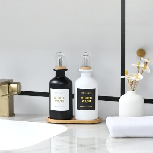 11.8OZ Mouthwash Dispenser for Bathroom with Bamboo & Stainless Steel Pour Spout, Mouthwash Cups Reusable, Bamboo Tray, and Elegant Gold Label. Set of 2（Black/White - color: Black/White/350*2