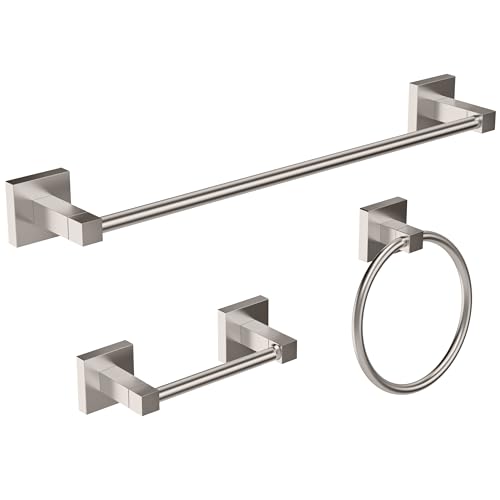 RUACQ 3 Pieces Bathroom Hardware Set, SUS 304 Stainless Steel Toilet Paper Holder, Towel Ring, 18-inch Towel Bar Set, Wall Mounted, Heavy Duty(Brushed Nickel) - color: Brushed Nickel, size: 3pcs