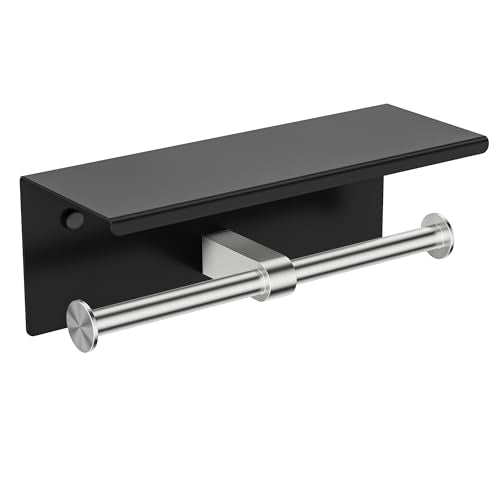 FORIOUS Double Toilet Paper Holder with Shelf, Wall Mount Tissue Roll Holder for Bathroom, 304 Stainless Steel Commercial Toilet Tissue Dispensers with Phone Shelf (1, Matte Black & Stainless Steel) - color: Matte Black & Stainless Steel