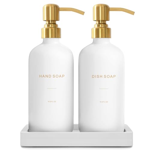 Prus Waso Gold Soap Dispenser Set, Glass Soap Dispenser with Stainless Steel Pump, Perfect for Modern Kitchen Counter Decor. (Gold) - color: White Bottle & Gold Pump