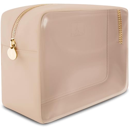 Large Clear Makeup Bag TSA-Approved Travel Cosmetic Pouch Spacious Transparent Toiletry Bag for Women and Girls Waterproof Clear Organizer Case Beige - color: Beige, style: Large