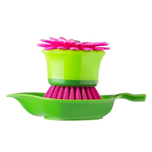 Vigar Flower Power Palm Dish Scrub Brush with Holder, Kitchen Scrub Brush for Dishes, Dish Scrubber, Sink Brush, Dishwashing Brush and Vegetable Scrubber for Household Cleaning - Pink, Green - color: Pink, Green