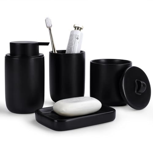 BosilunLife Ceramic Bathroom Accessories Sets Complete Bathroom soap Dispenser and Toothbrush Holder Set (Black-Liquid) - color: Smooth-black-liquid