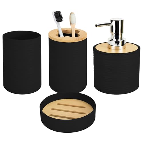4 PCS Black Bathroom Accessories Set, Includes a Soap Dispenser, Toothbrush Holder, Soap Dish and Mouthwash Cup, Plastics & Bamboo Bathroom Set, Bohemian Style Bathroom Sink Set - color: Black, size: 4 PCS