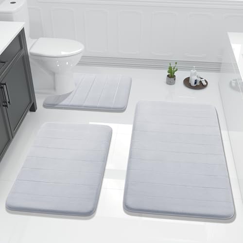 Yimobra 3 Pieces Memory Foam Bath Mat Set with U-Shaped Toilet Rug - Non Slip Super Soft Absorbent Quick Dry Bathroom Rugs for Bathtub, Vanity & Toilet Base, Silver - color: Silver, size: 44''x24'' + 31.5''x20'' + 24''x20''