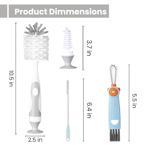 Ariseno 4-in-1 Baby Bottle Brush Set - Including Brushes for Bottles, Straws, Caps, & Nipples - BPA-Free (Grey) - color: Gray-nylon
