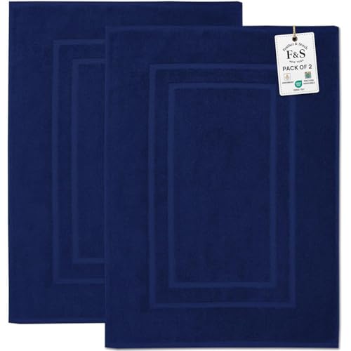 Feather & Stitch 2 Piece Towel Like Bath Mats (30x21 Inch) 100% Cotton Terry Bath Mats, Bathroom Shower Floor Mats [NOT A Bathroom Rug], Soft Absorbent Washable Mats - Navy Blue - color: Navy Blue