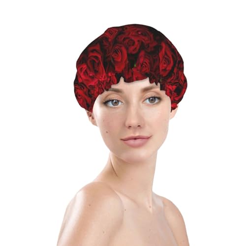 Red Rose Flowers Shower Cap For Women Reusable Waterproof Double Layers Bath Cap Hair Protection Elastic Ladies Spa Salon Shower Hat - color: Red Rose Flowers