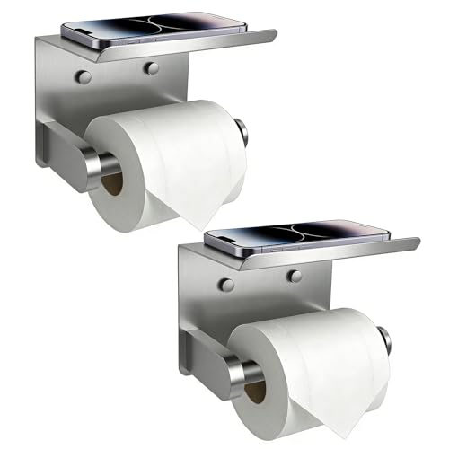 SetSail Toilet Paper Holder with Shelf Adhesive or Screw-in Bathroom Toilet Paper Roll Holders Wall Mount Brushed Nickel Heavy-Duty Tissue Holder for Bathroom Hardware Accessories, 2 Packs - color: Brushed Nickel, size: 2 Packs