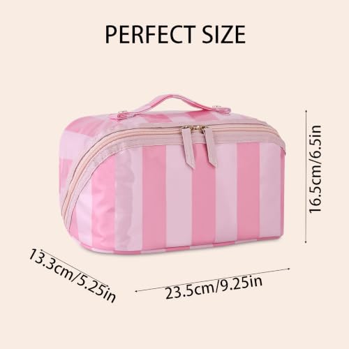DYSHAYEN Stripe Travel Makeup Bag with Compartments Clear Coated Cosmetic Bag for Women, Waterproof Portable Open Flat Toiletry bag （Pink-Hot Pink） - color: Pink-Hot Pink