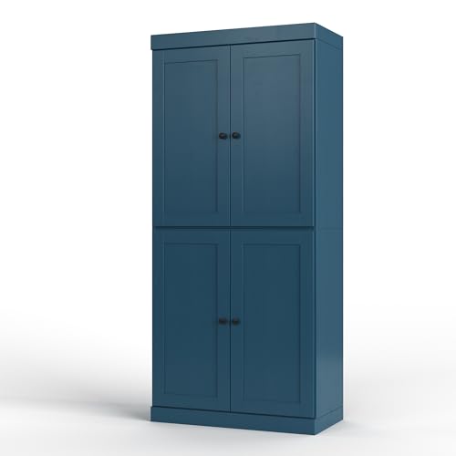 Palace Imports Solid Wood Tall Bathroom Pantry Cabinet with 4 Shaker Doors & Adjustable Shelves, Teal Blue - 100% Eco-Friendly, Renewable, Space-Saving Storage, 71.5" H x 32" W, Made in Brazil - color: Teal Blue