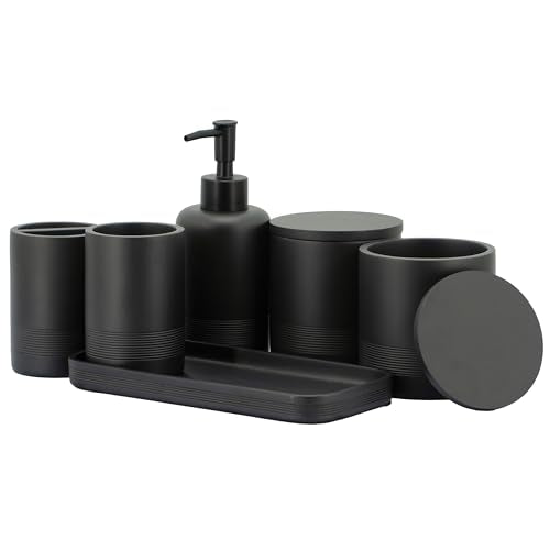 ZCCZ Black Matte Bathroom Accessories Set 6 Pieces - Toothbrush Holder, Lotion Dispenser, Qtip Container, Vanity Tray, Tumbler - Countertop Organizer for Bathrooms - Elegant and Functional Décor Set - color: Black Matte, size: 6pcs